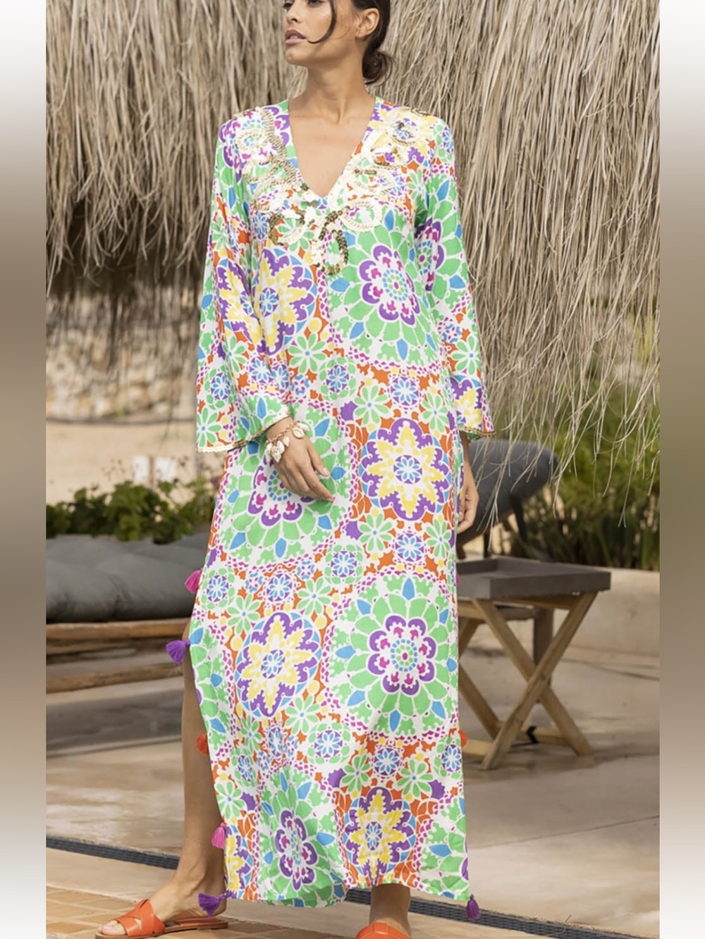 Miss June Paris NWT gueliz floral sequin Pom Pom boho long dress ONE SIZE